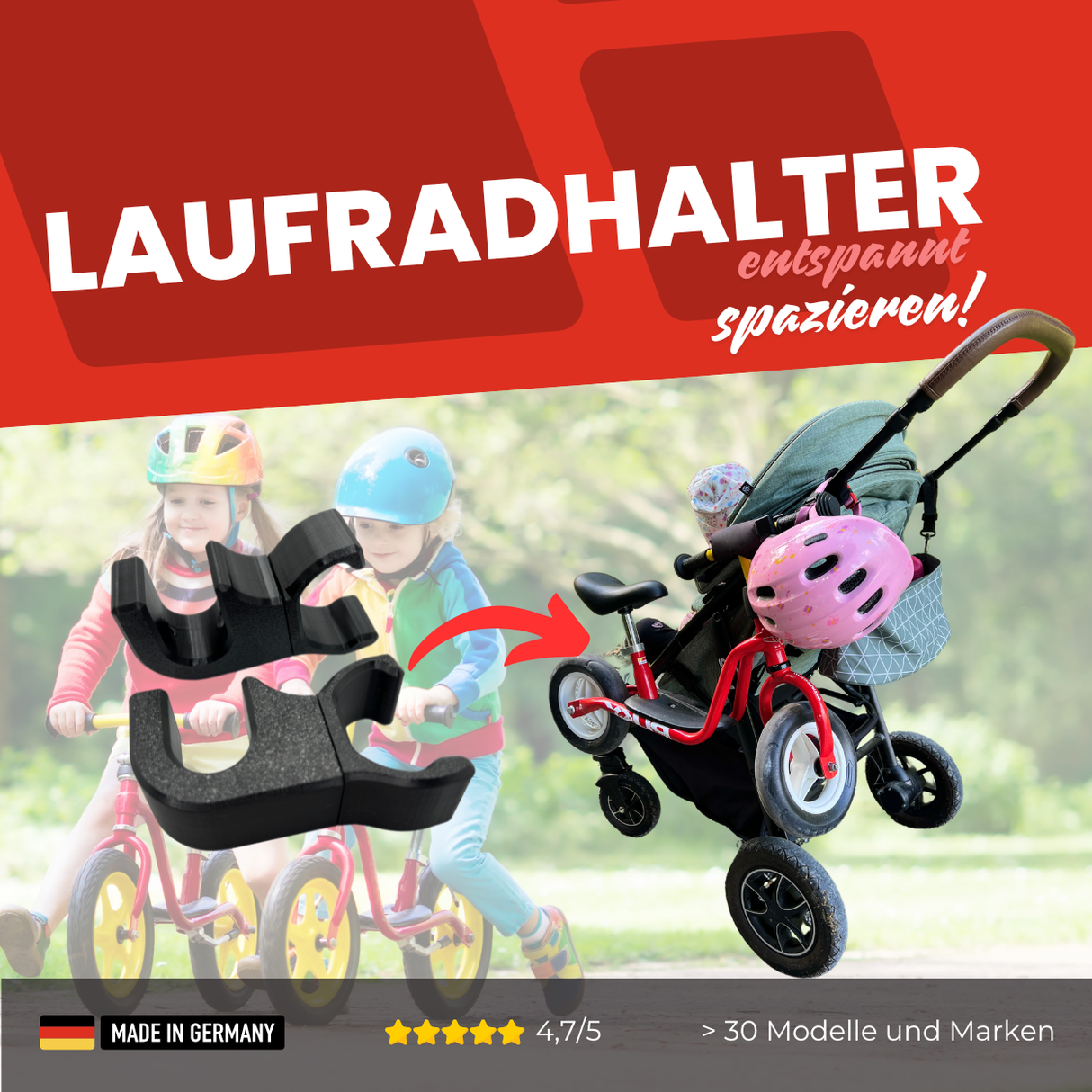 Laufradhalter für Kinderwagen und Buggys / Laufradbefestigung / Laufradclips / Laufradhalterung